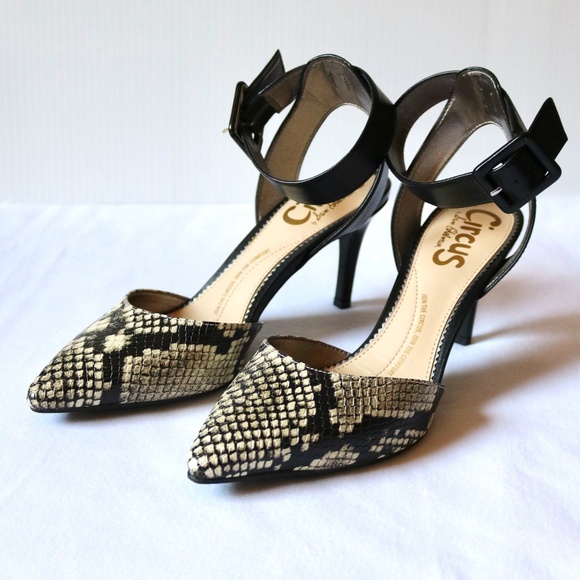 SAM EDELMAN Circus Like New Sling Back Heels Faux Snake Skin Buckle Black Taupe - Picture 1 of 15
